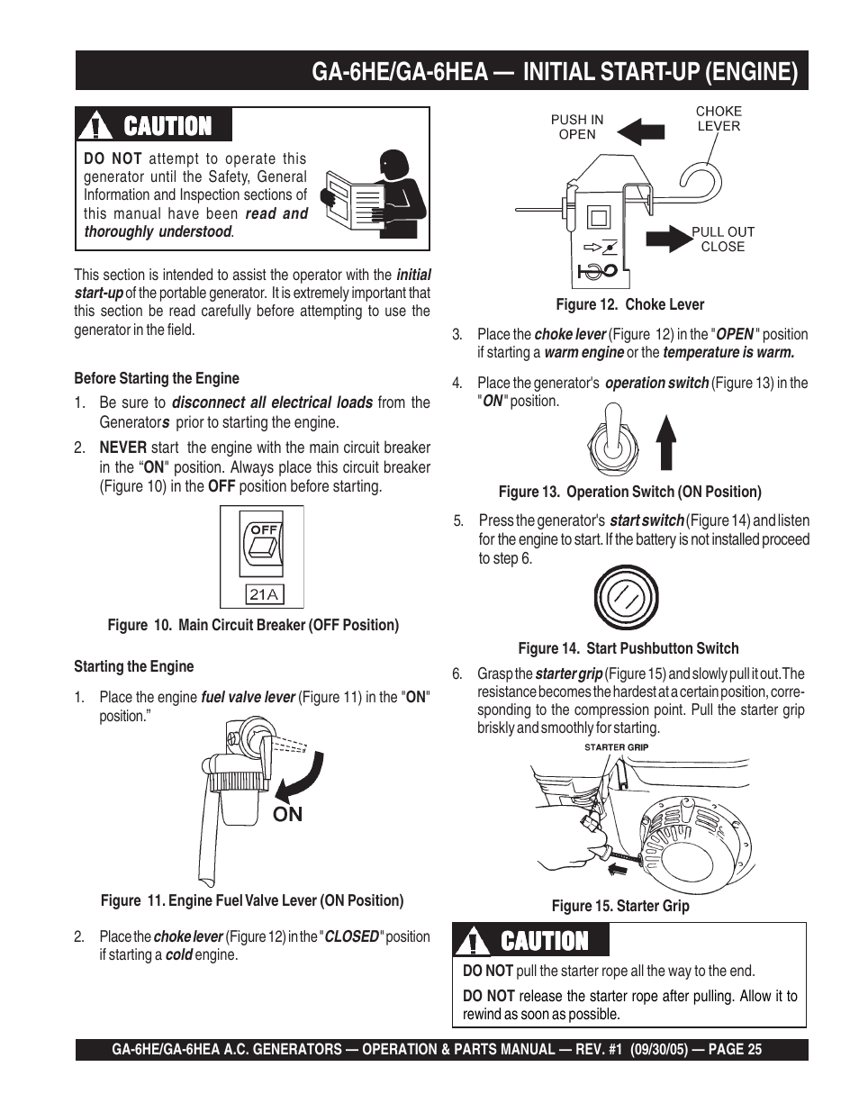 Ga-6he/ga-6hea — initial start-up (engine), Caution | Multiquip GA-6HEA User Manual | Page 25 / 86