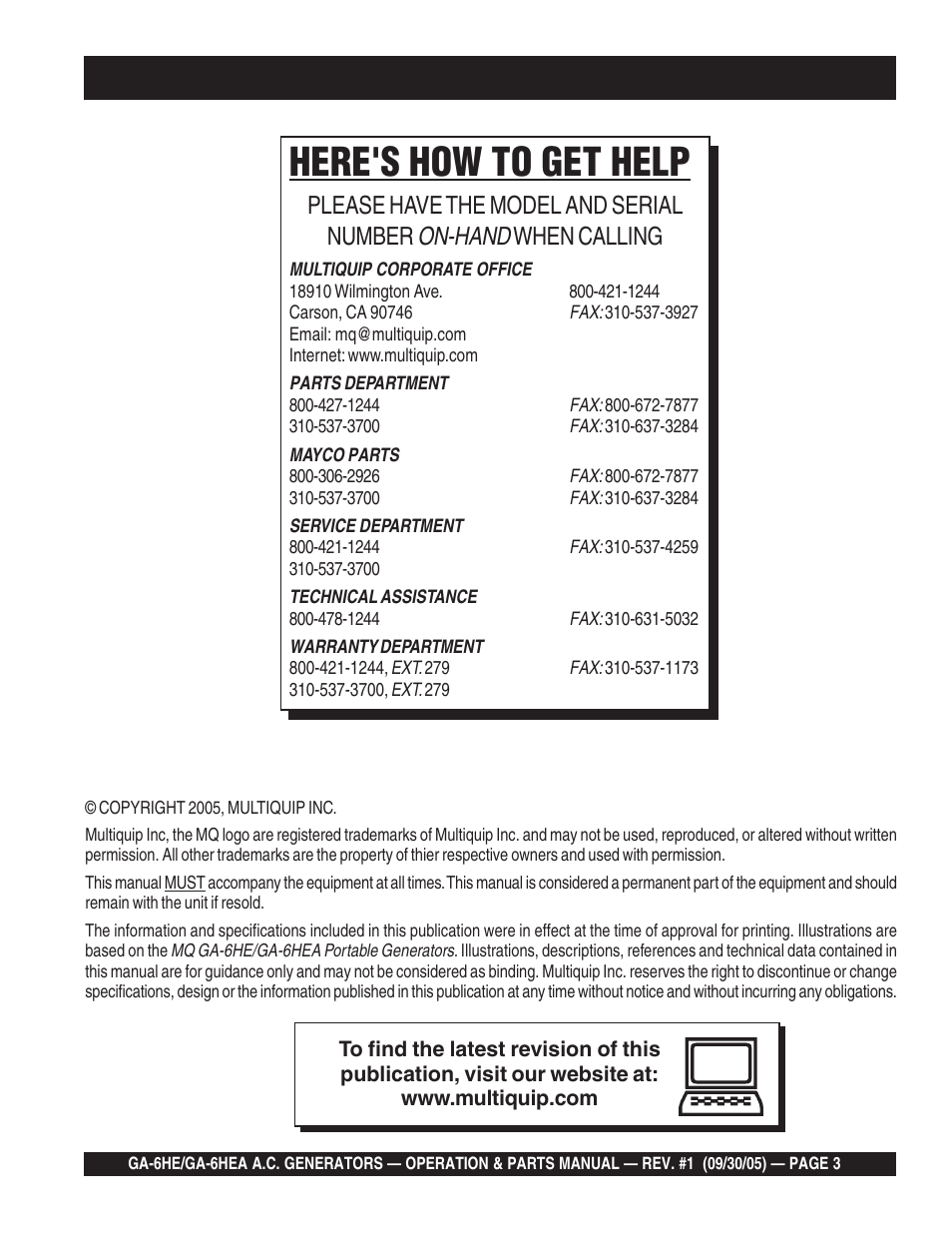 Here's how to get help, On-hand, Please have the model and serial number | When calling | Multiquip GA-6HEA User Manual | Page 3 / 86