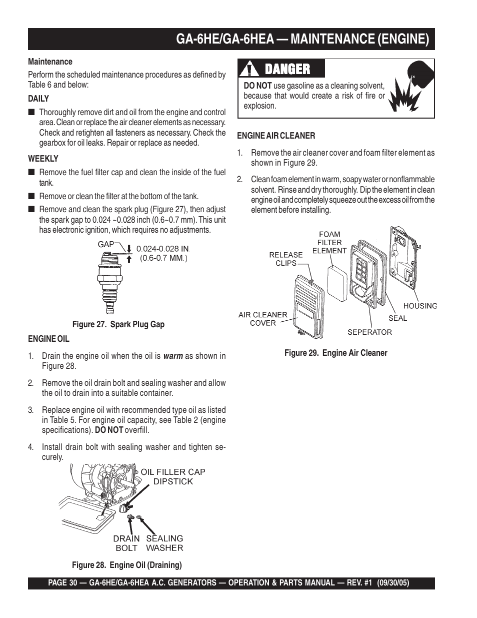 Ga-6he/ga-6hea — maintenance (engine), Danger | Multiquip GA-6HEA User Manual | Page 30 / 86