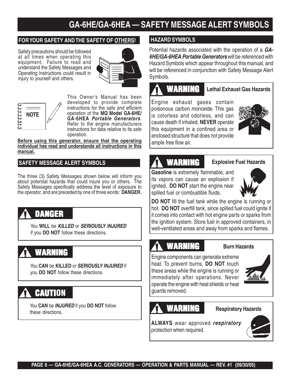 Ga-6he/ga-6hea — safety message alert symbols, Cauti, Warning | Multiquip GA-6HEA User Manual | Page 6 / 86