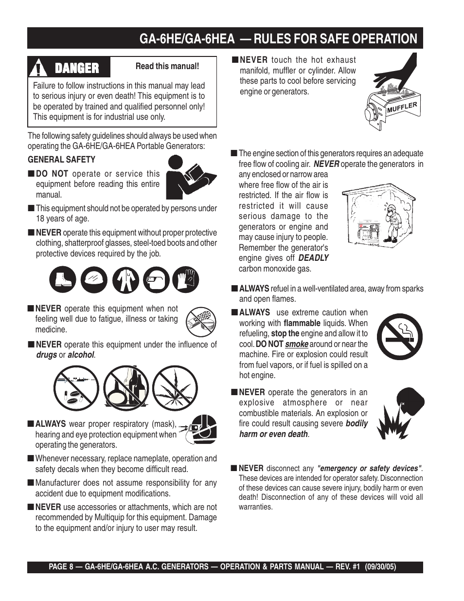 Ga-6he/ga-6hea — rules for safe operation, Danger | Multiquip GA-6HEA User Manual | Page 8 / 86