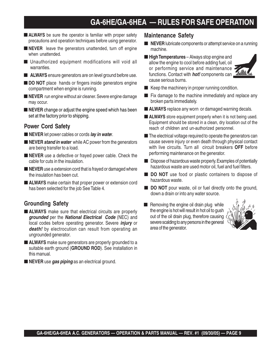 Ga-6he/ga-6hea — rules for safe operation, Power cord safety, Grounding safety | Maintenance safety | Multiquip GA-6HEA User Manual | Page 9 / 86