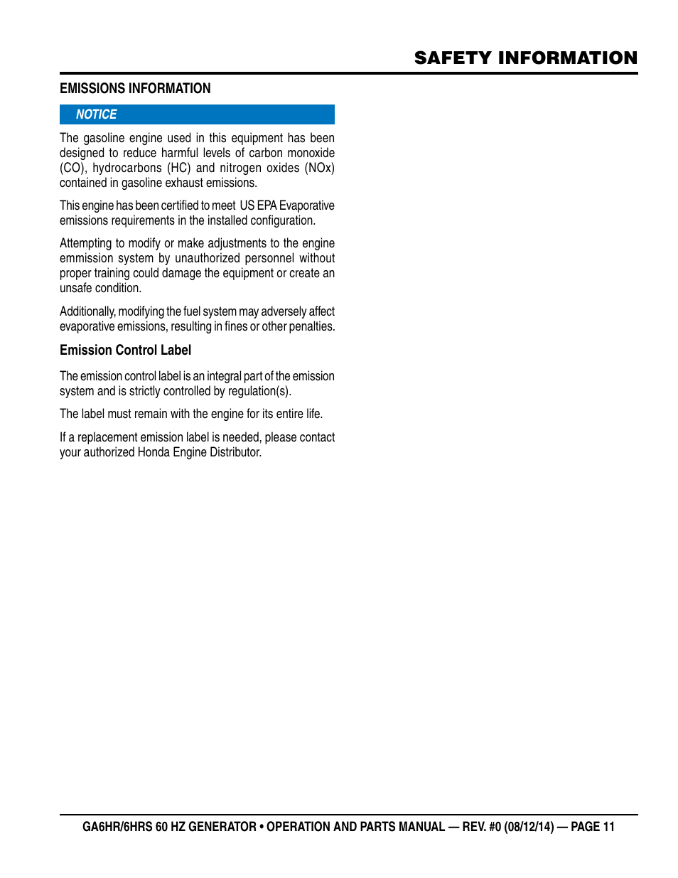 Safety information | Multiquip GA-6HRS User Manual | Page 11 / 92