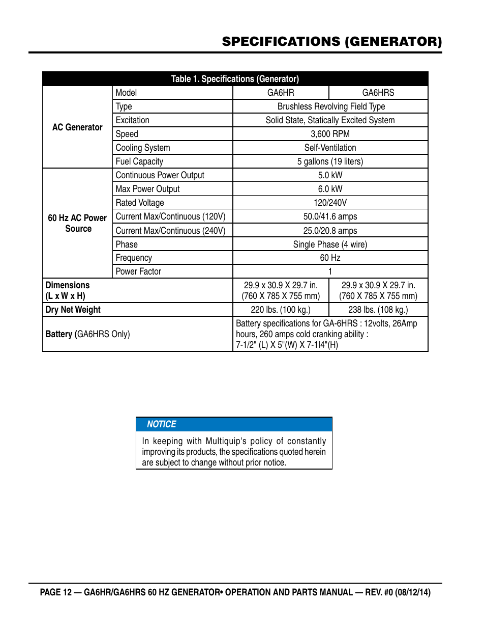 Specifications (generator) | Multiquip GA-6HRS User Manual | Page 12 / 92