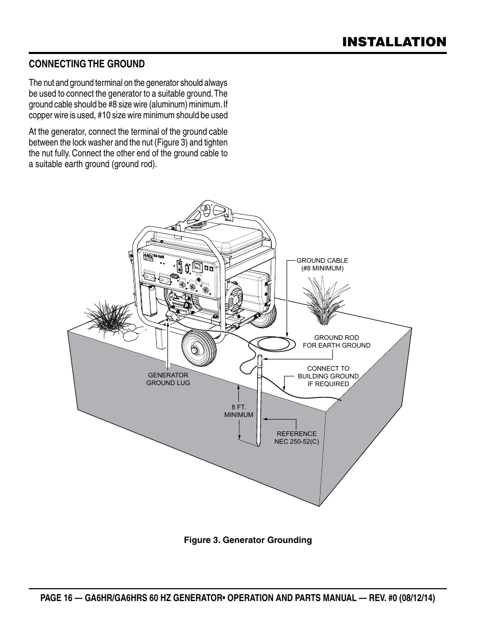 Installation, Connecting the ground | Multiquip GA-6HRS User Manual | Page 16 / 92