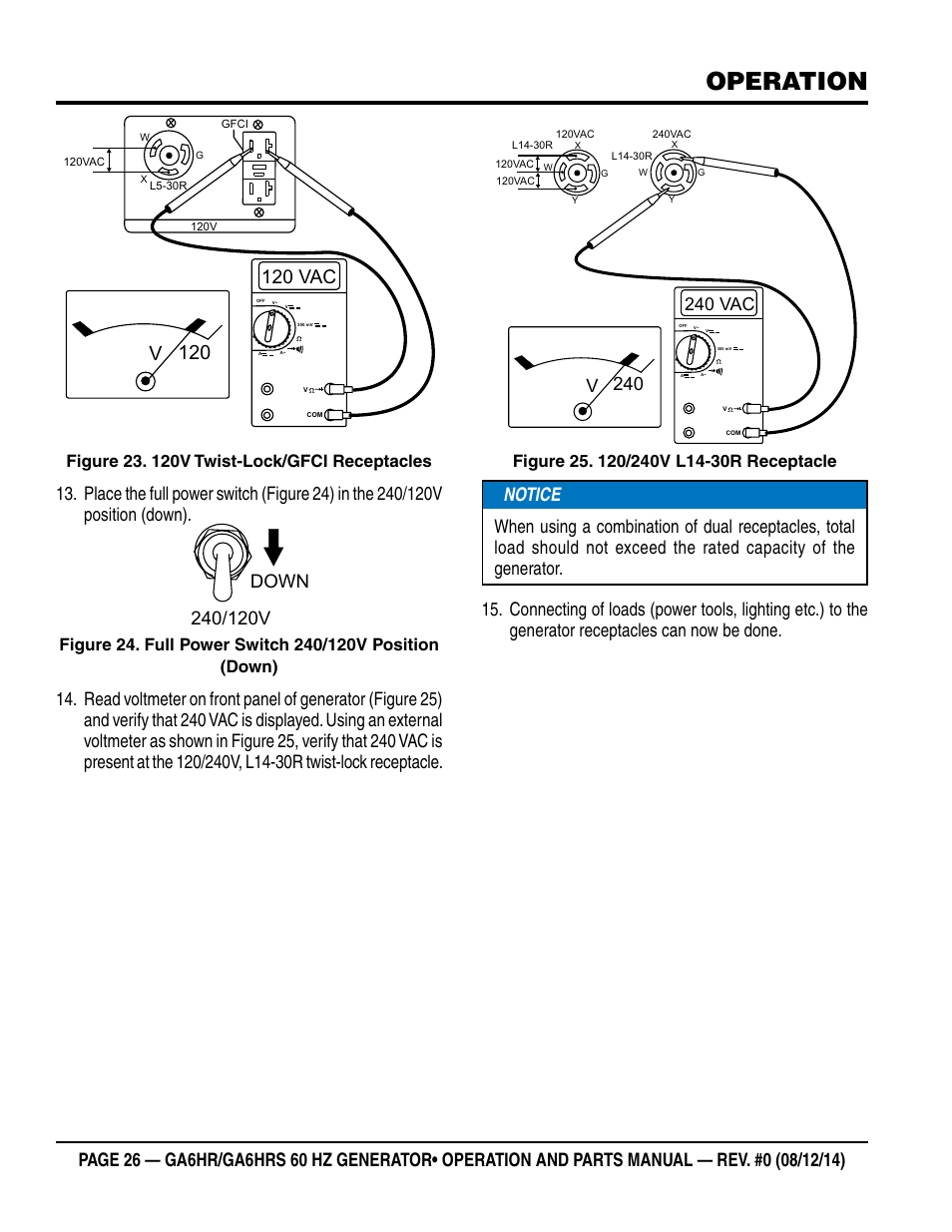 Operation, 120 vac, 120 v | 240 vac | Multiquip GA-6HRS User Manual | Page 26 / 92