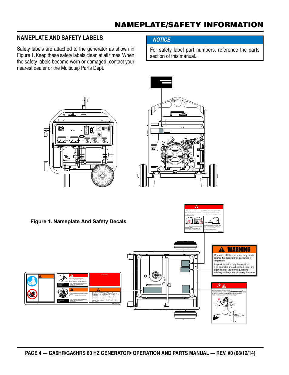 Nameplate/safety information, Nameplate and safety labels, Figure 1. nameplate and safety decals | Danger | Multiquip GA-6HRS User Manual | Page 4 / 92