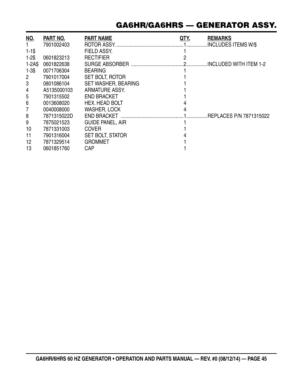 Ga6hr/ga6hrs — generator assy | Multiquip GA-6HRS User Manual | Page 45 / 92