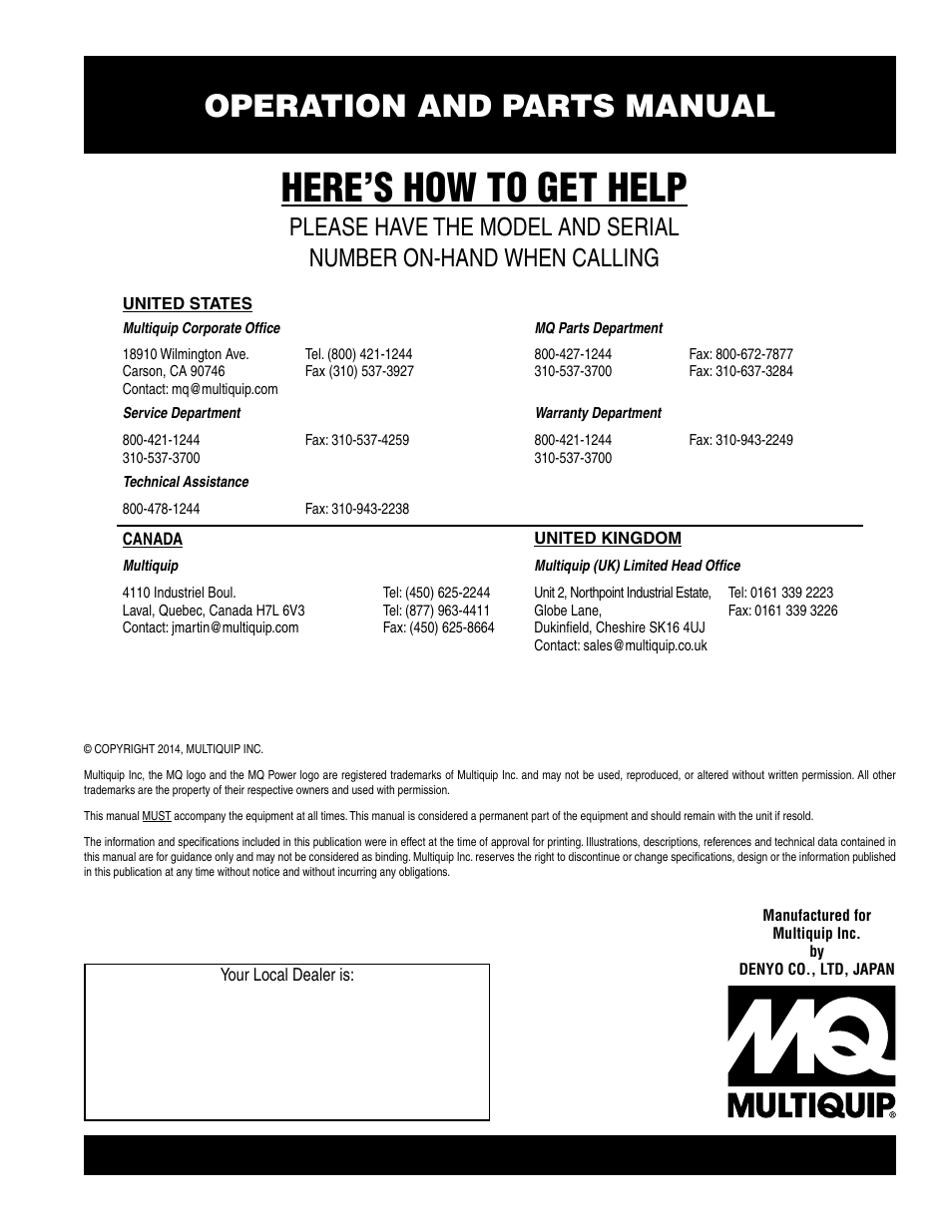 Here’s how to get help, Operation and parts manual | Multiquip GA-6HRS User Manual | Page 92 / 92