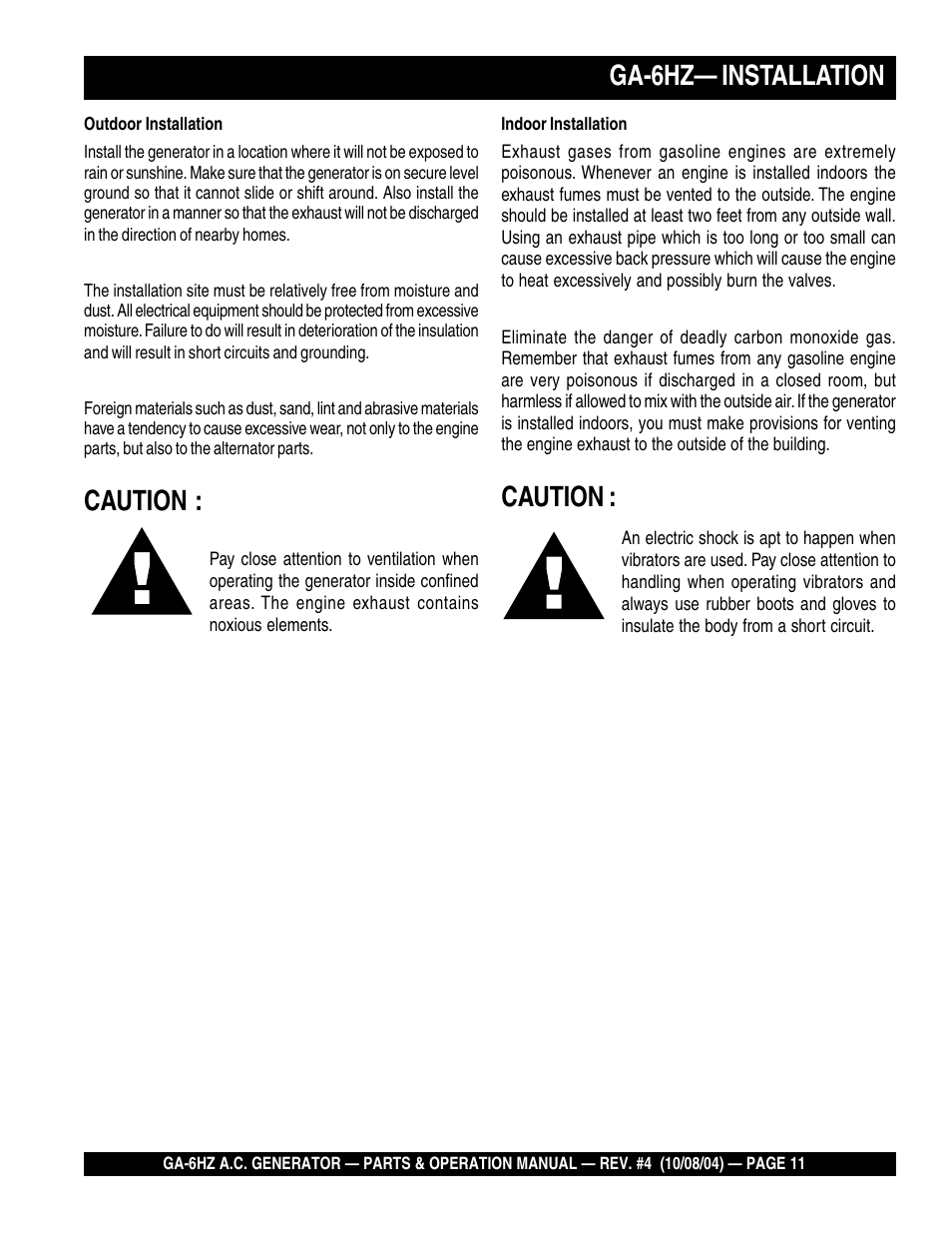 Ga-6hz— installation, Caution | Multiquip GA-6HZ User Manual | Page 11 / 72