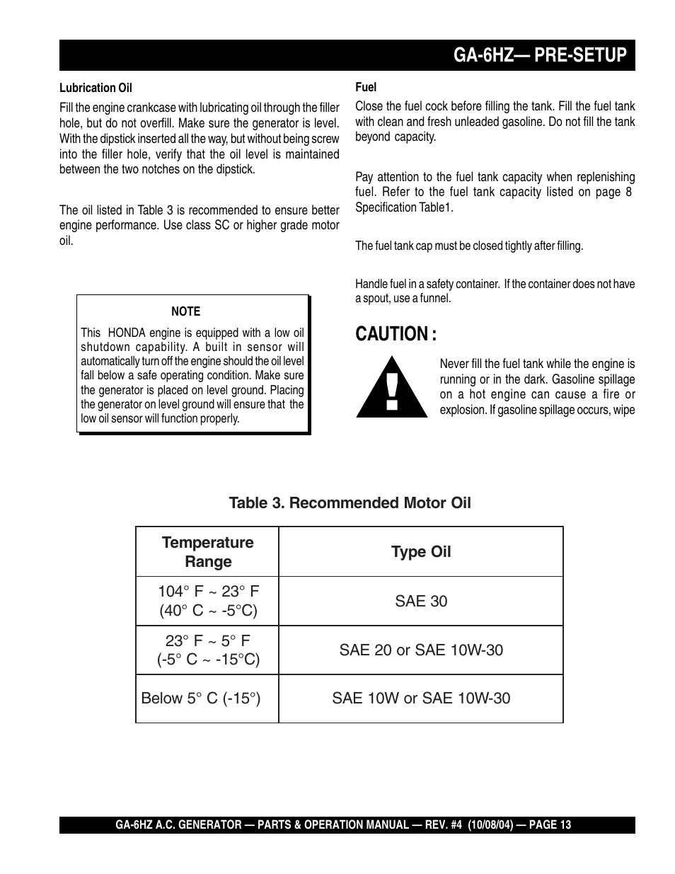 Caution, Ga-6hz— pre-setup | Multiquip GA-6HZ User Manual | Page 13 / 72