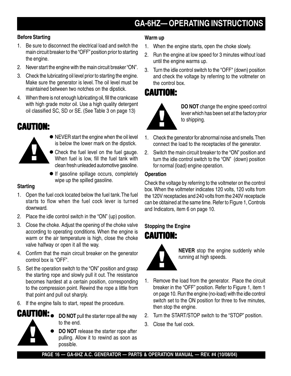 Ga-6hz— operating instructions, Caution | Multiquip GA-6HZ User Manual | Page 16 / 72