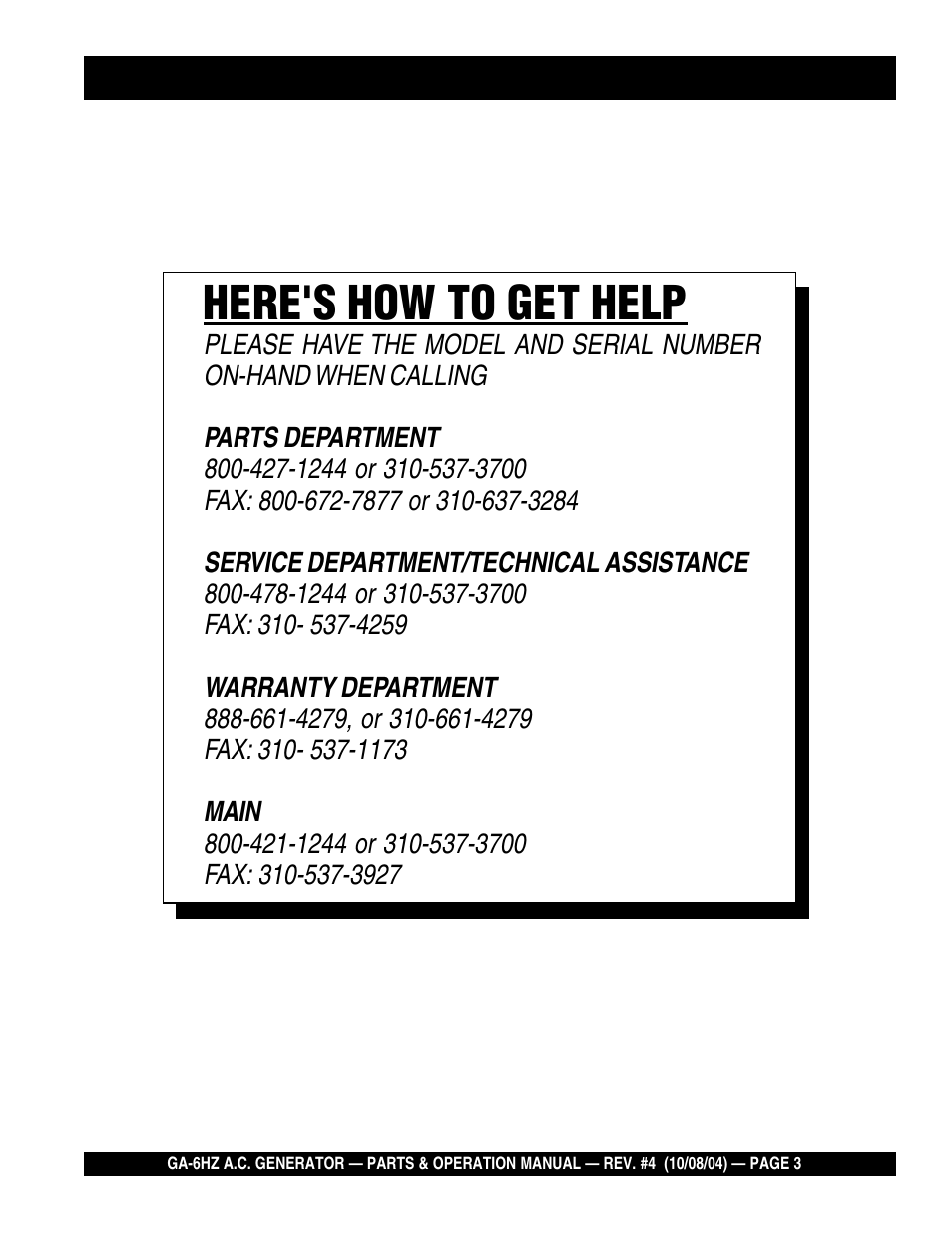 Here's how to get help | Multiquip GA-6HZ User Manual | Page 3 / 72
