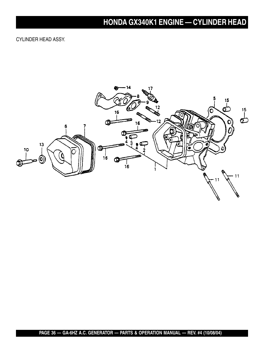 Honda gx240k1 engine — cylinder head, Honda gx340k1 engine — cylinder head | Multiquip GA-6HZ User Manual | Page 36 / 72