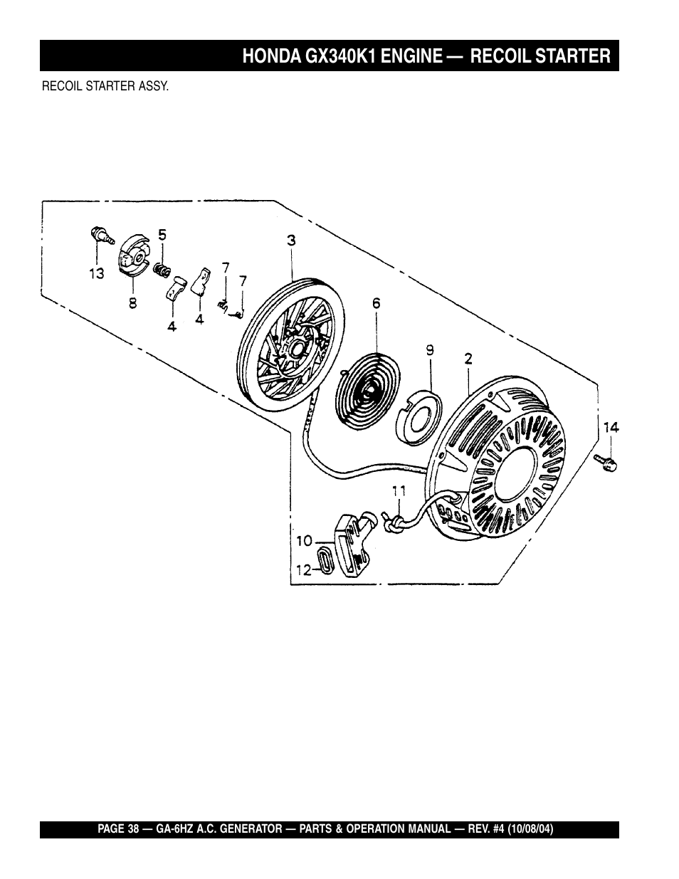 Honda gx340k1 engine — recoil starter | Multiquip GA-6HZ User Manual | Page 38 / 72