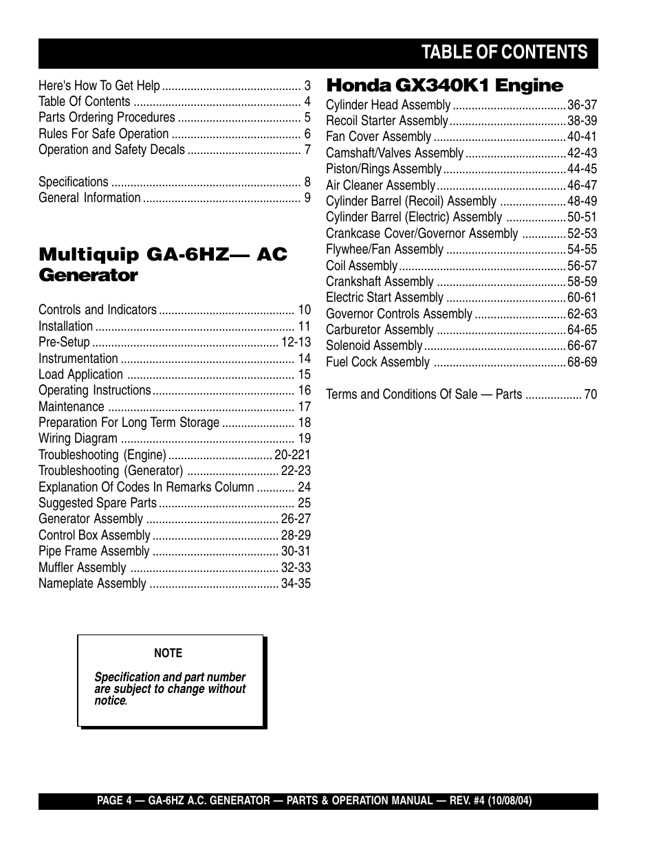 Multiquip GA-6HZ User Manual | Page 4 / 72