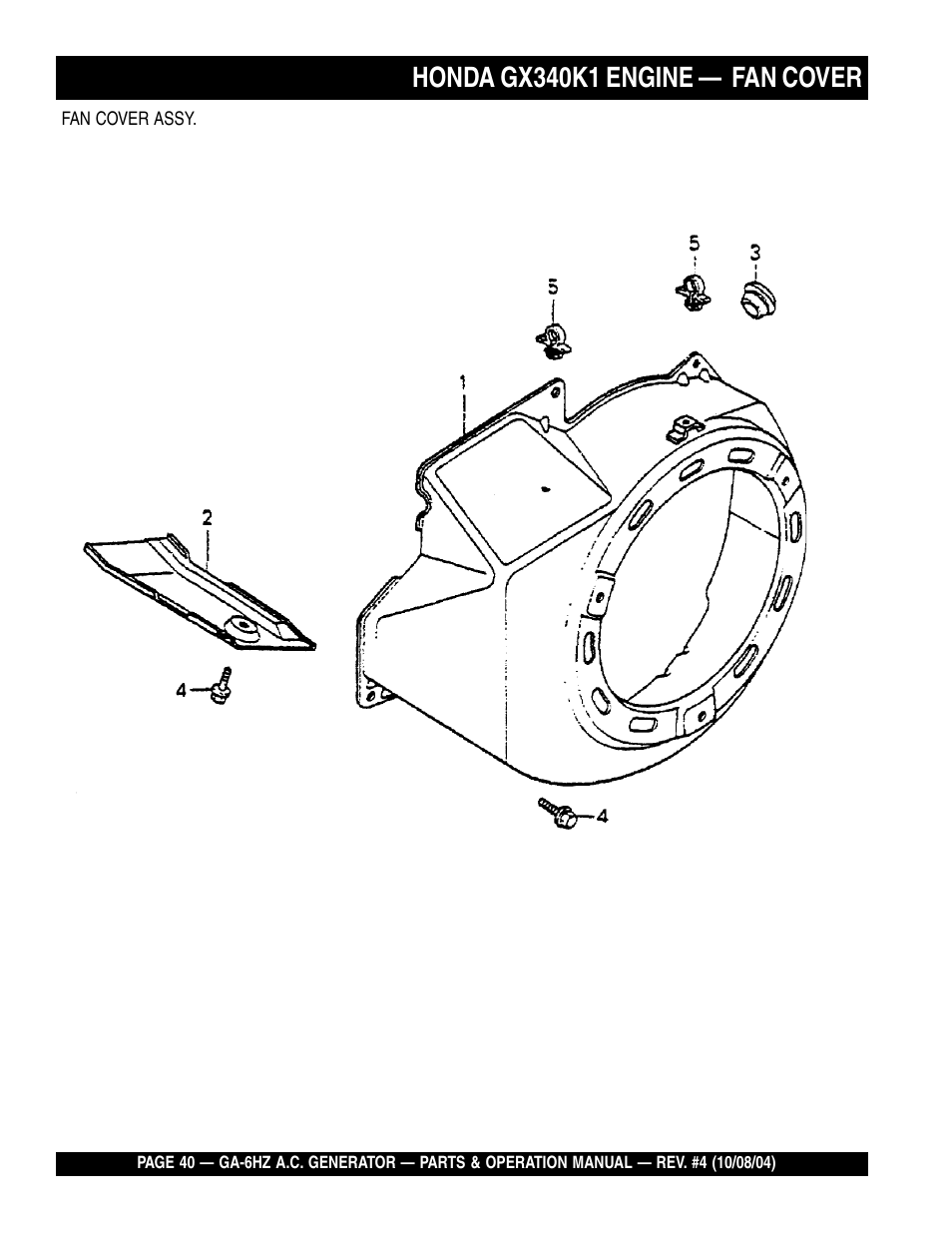 Honda gx340k1 engine — fan cover | Multiquip GA-6HZ User Manual | Page 40 / 72