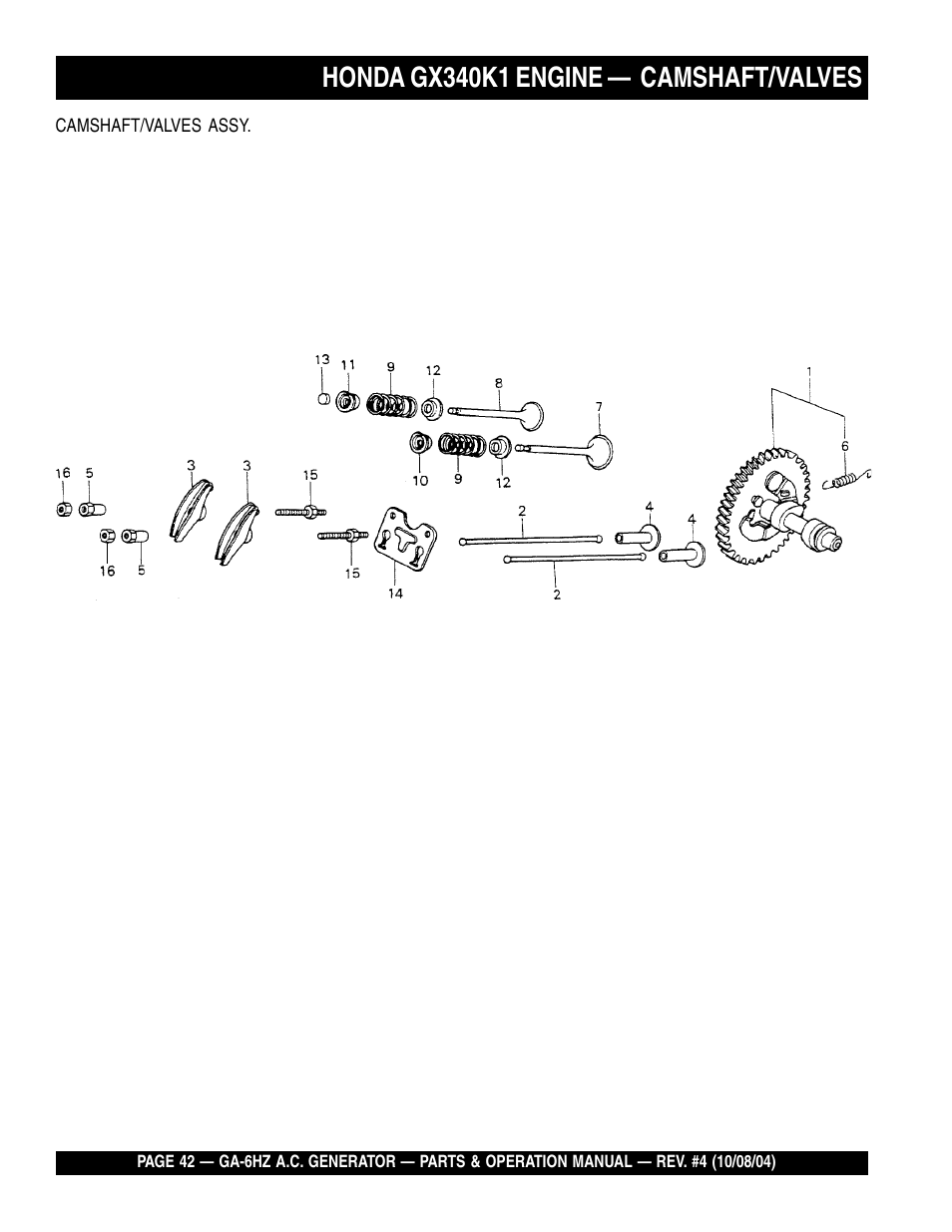 Honda gx340k1 engine — camshaft/valves | Multiquip GA-6HZ User Manual | Page 42 / 72
