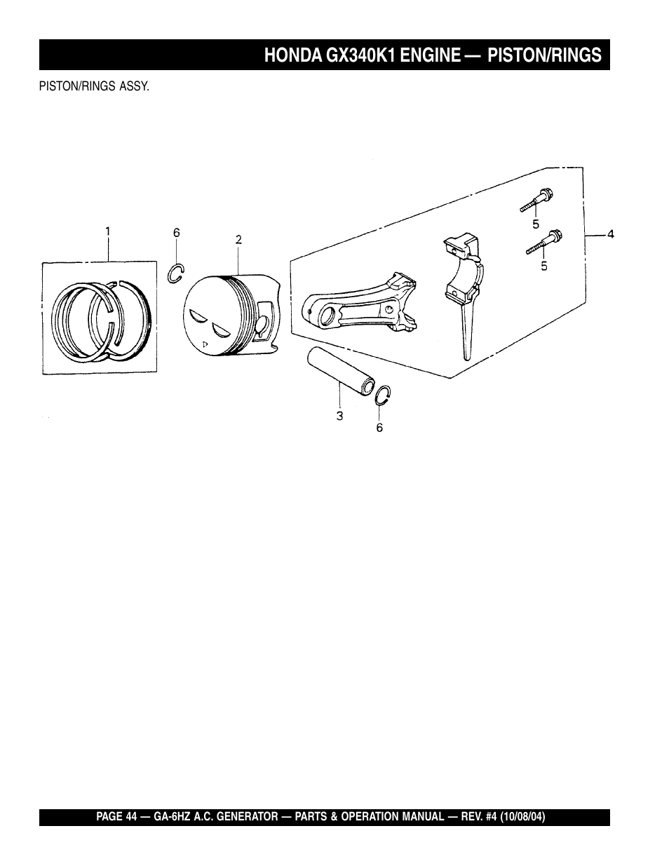 Honda gx340k1 engine — piston/rings | Multiquip GA-6HZ User Manual | Page 44 / 72