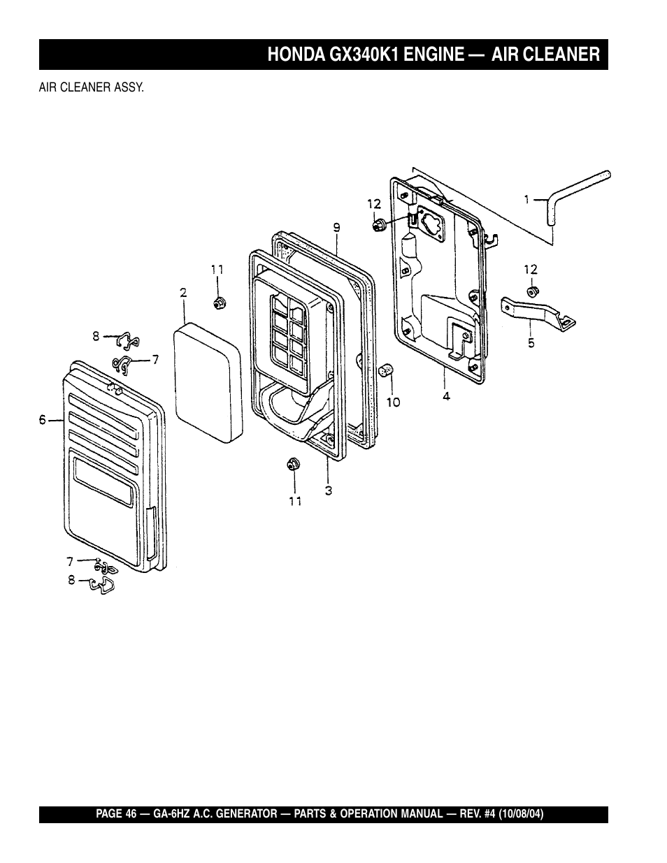 Honda gx340k1 engine — air cleaner | Multiquip GA-6HZ User Manual | Page 46 / 72
