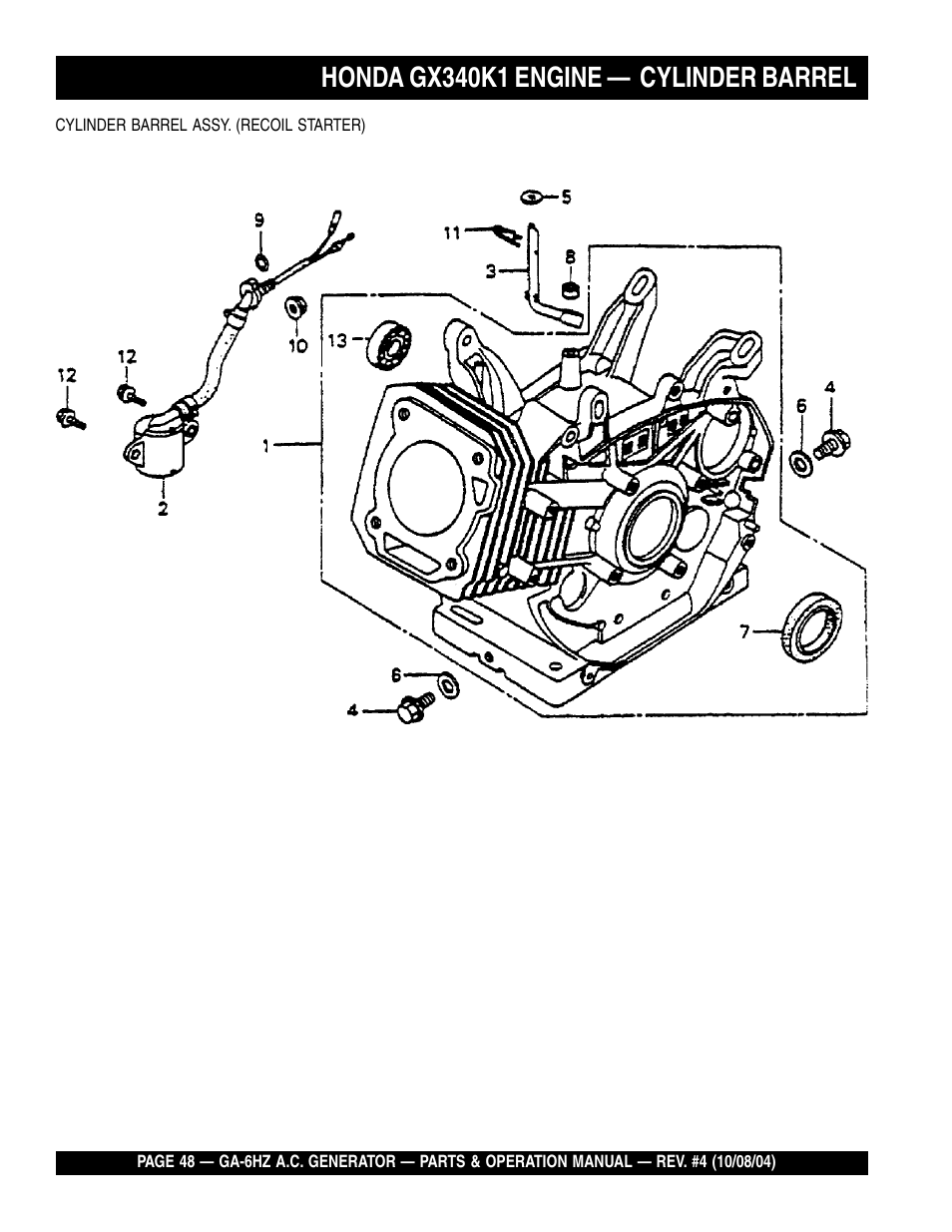 Honda gx340k1 engine — cylinder barrel | Multiquip GA-6HZ User Manual | Page 48 / 72