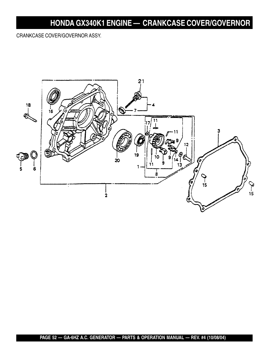 Honda gx340k1 engine — crankcase cover/governor | Multiquip GA-6HZ User Manual | Page 52 / 72