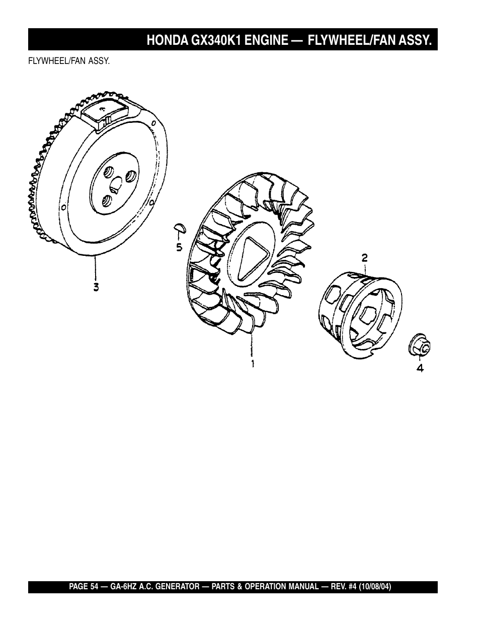 Honda gx340k1 engine — flywheel/fan assy | Multiquip GA-6HZ User Manual | Page 54 / 72