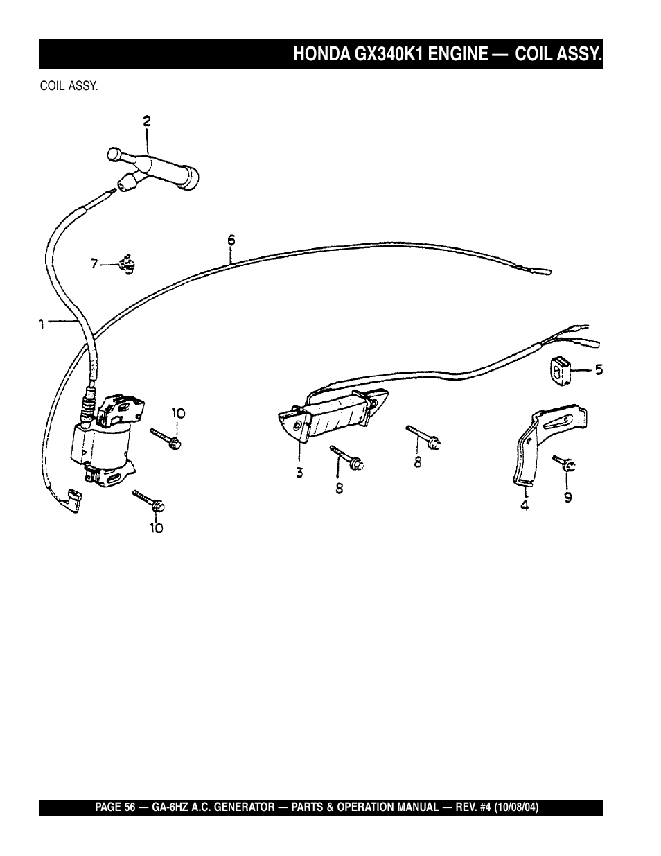 Honda gx340k1 engine — coil assy | Multiquip GA-6HZ User Manual | Page 56 / 72