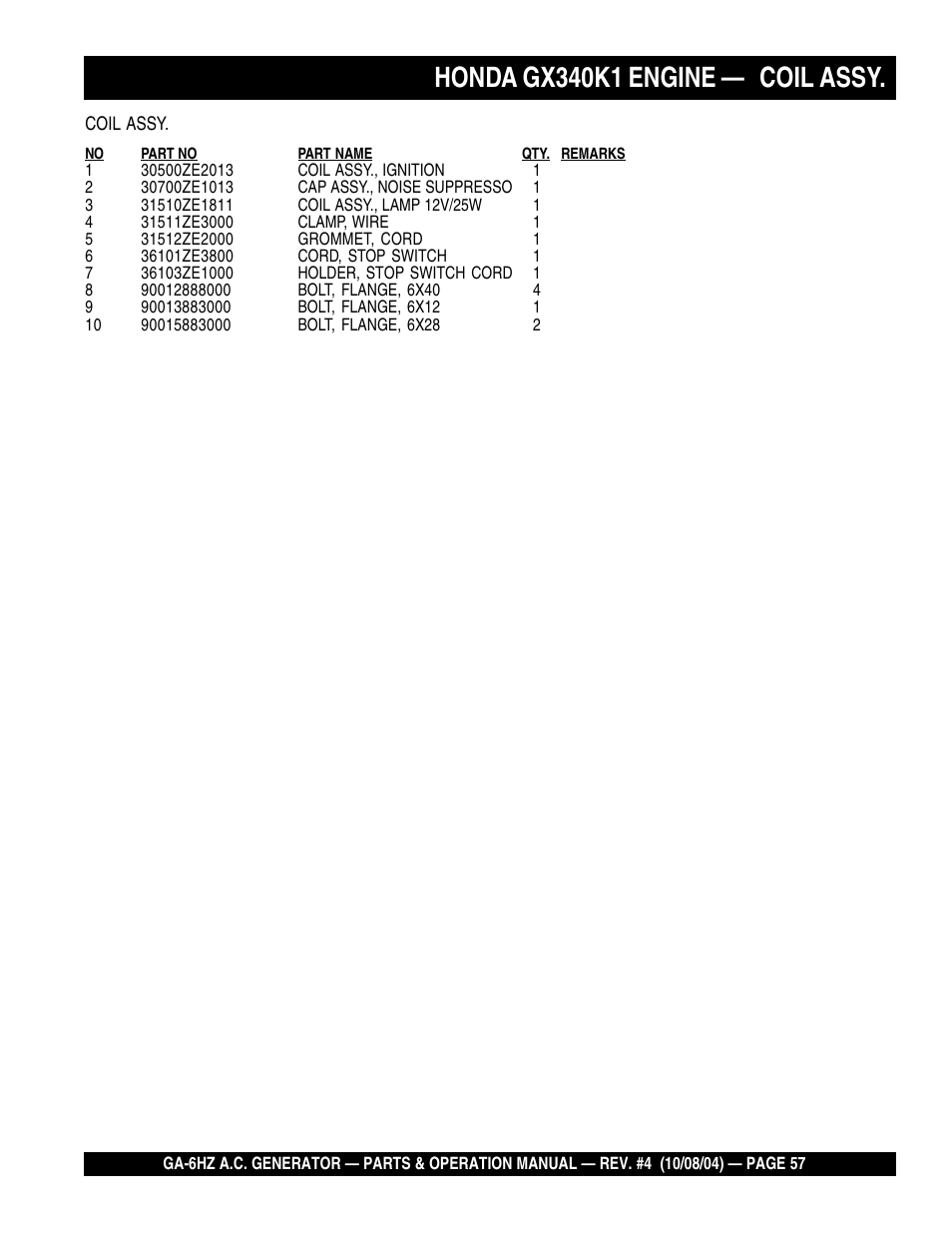 Honda gx340k1 engine — coil assy | Multiquip GA-6HZ User Manual | Page 57 / 72