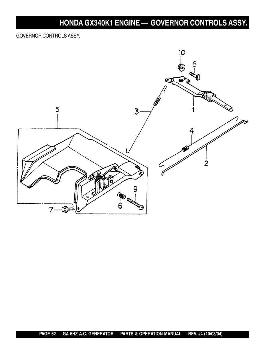 Honda gx340k1 engine — governor controls assy | Multiquip GA-6HZ User Manual | Page 62 / 72