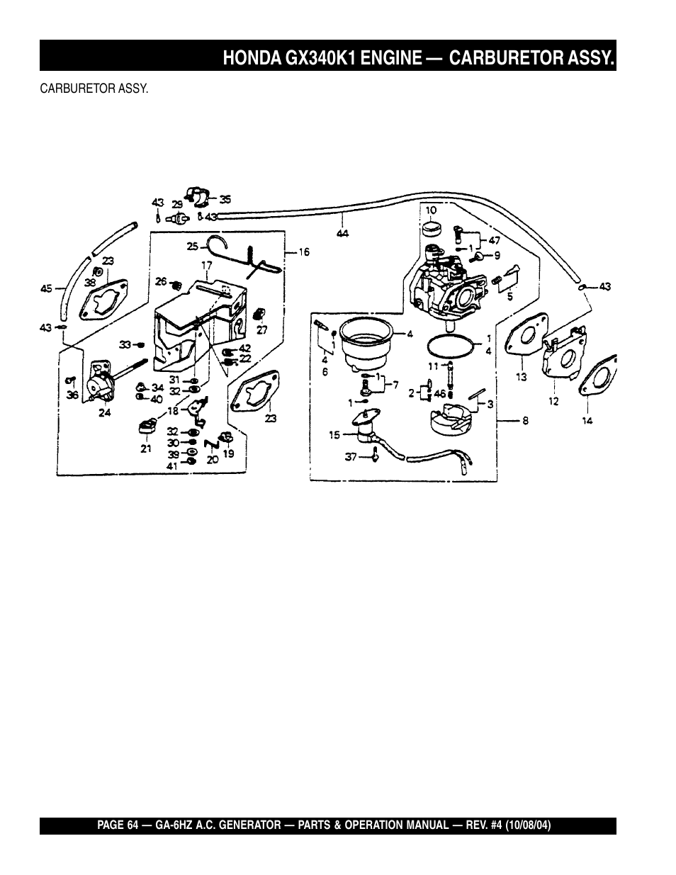 Honda gx340k1 engine — carburetor assy | Multiquip GA-6HZ User Manual | Page 64 / 72