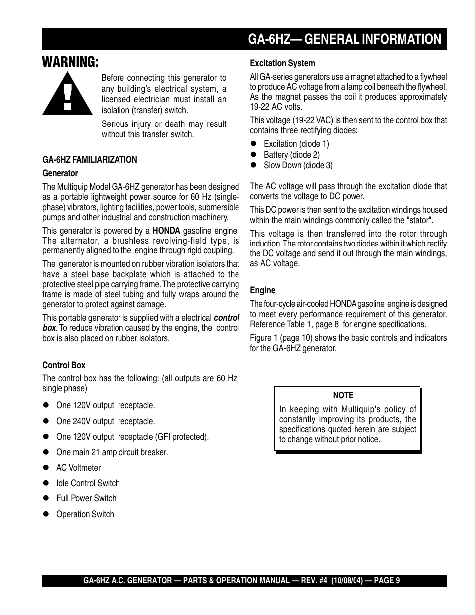 Ga-6hz— general information, Warning | Multiquip GA-6HZ User Manual | Page 9 / 72