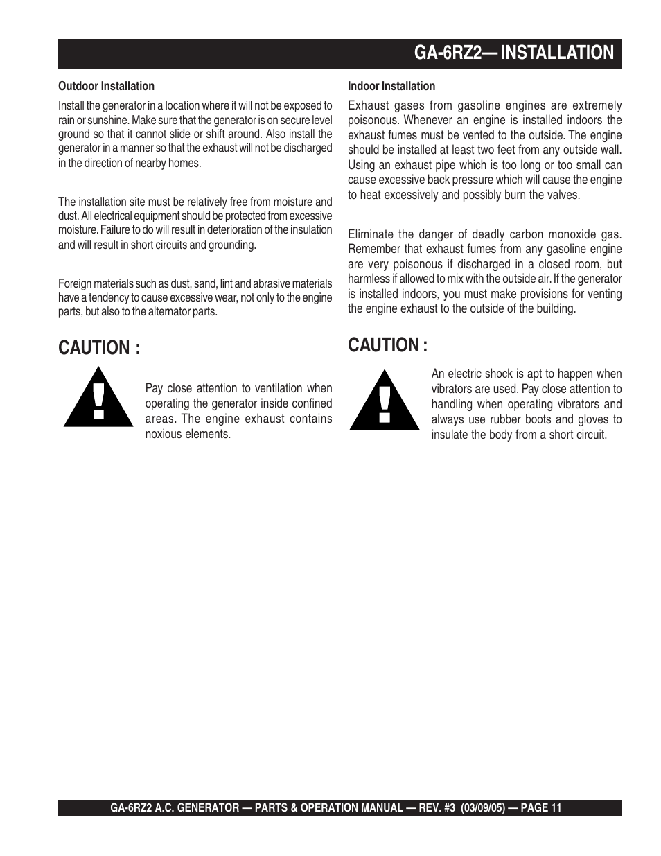 Ga-6rz2— installation, Caution | Multiquip GA-6RZ2 User Manual | Page 11 / 54