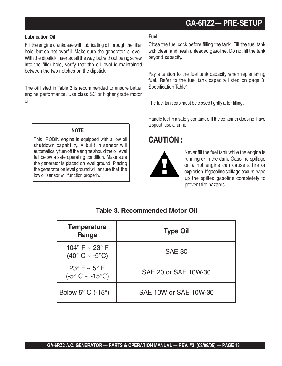 Caution, Ga-6rz2— pre-setup | Multiquip GA-6RZ2 User Manual | Page 13 / 54