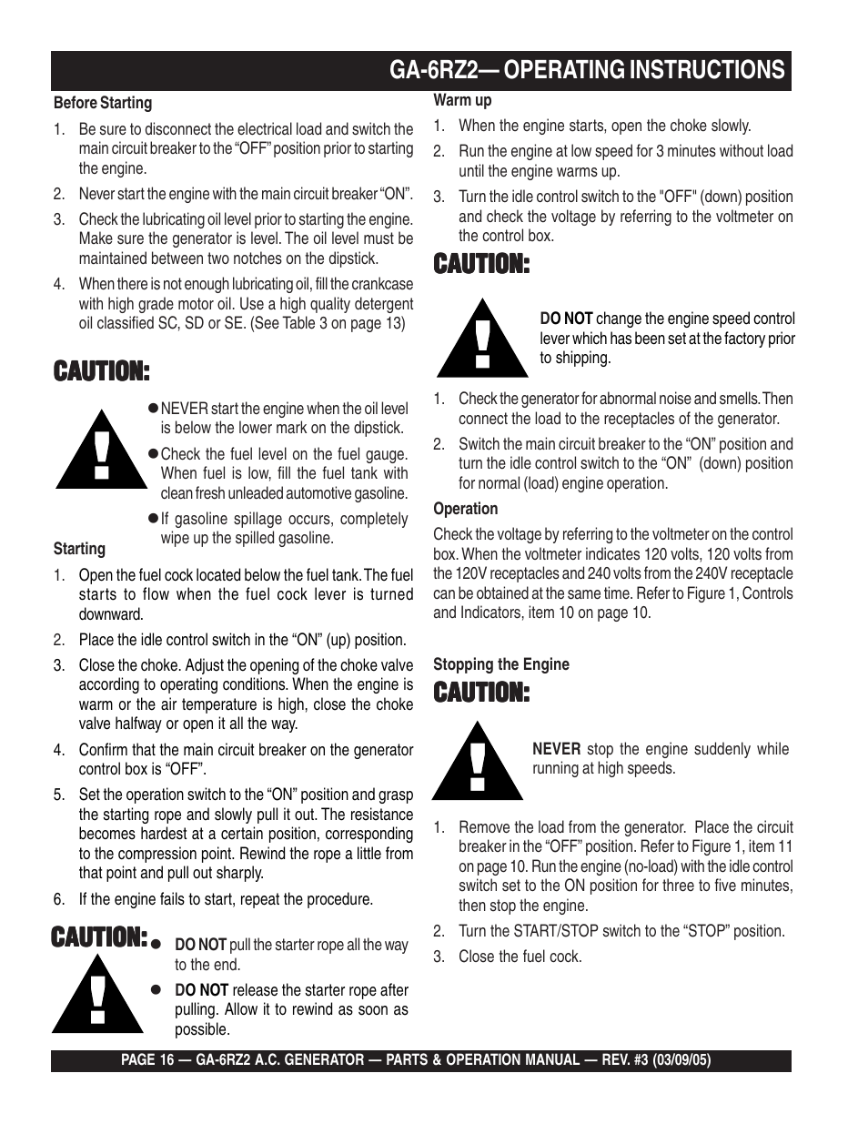 Ga-6rz2— operating instructions, Caution | Multiquip GA-6RZ2 User Manual | Page 16 / 54