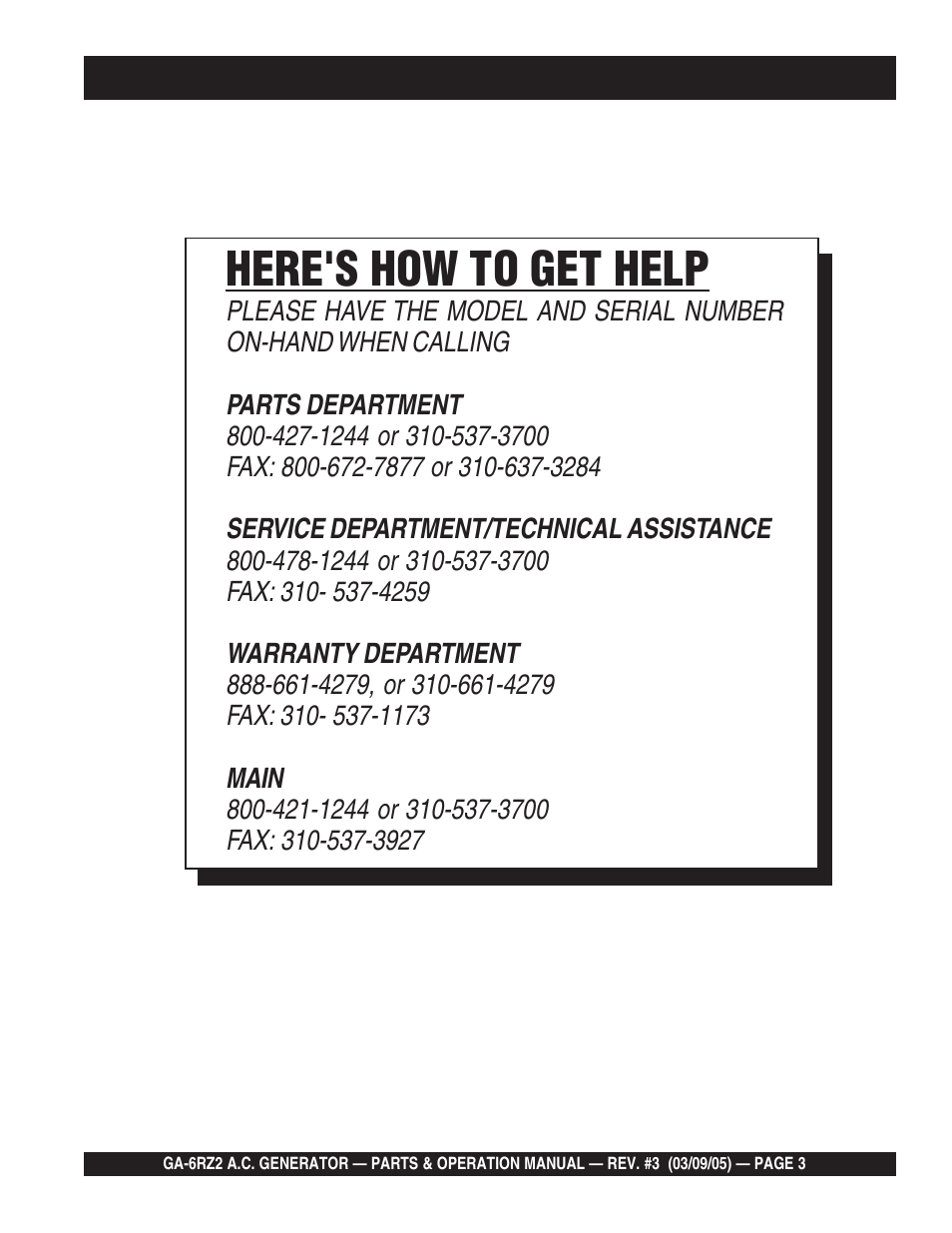 Here's how to get help | Multiquip GA-6RZ2 User Manual | Page 3 / 54