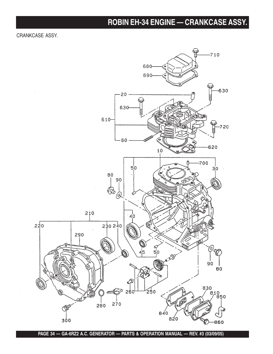 Robingx240k1 engine — cylinder head, Robin eh-34 engine — crankcase assy | Multiquip GA-6RZ2 User Manual | Page 34 / 54