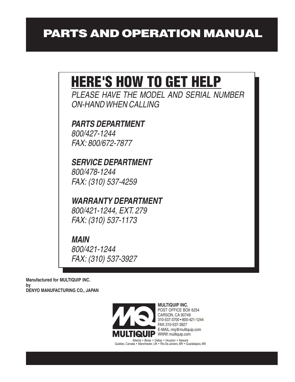 Here's how to get help, Parts and operation manual | Multiquip GA-6RZ2 User Manual | Page 54 / 54