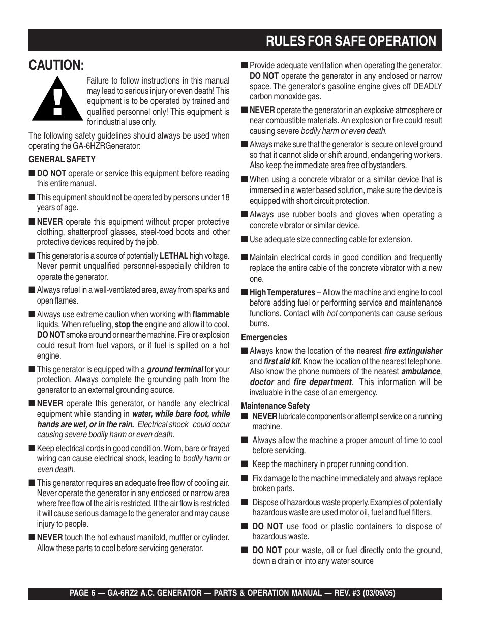 Rules for safe operation caution | Multiquip GA-6RZ2 User Manual | Page 6 / 54