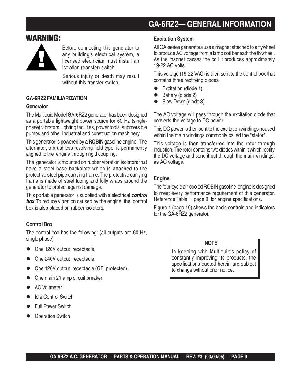 Ga-6rz2— general information, Warning | Multiquip GA-6RZ2 User Manual | Page 9 / 54
