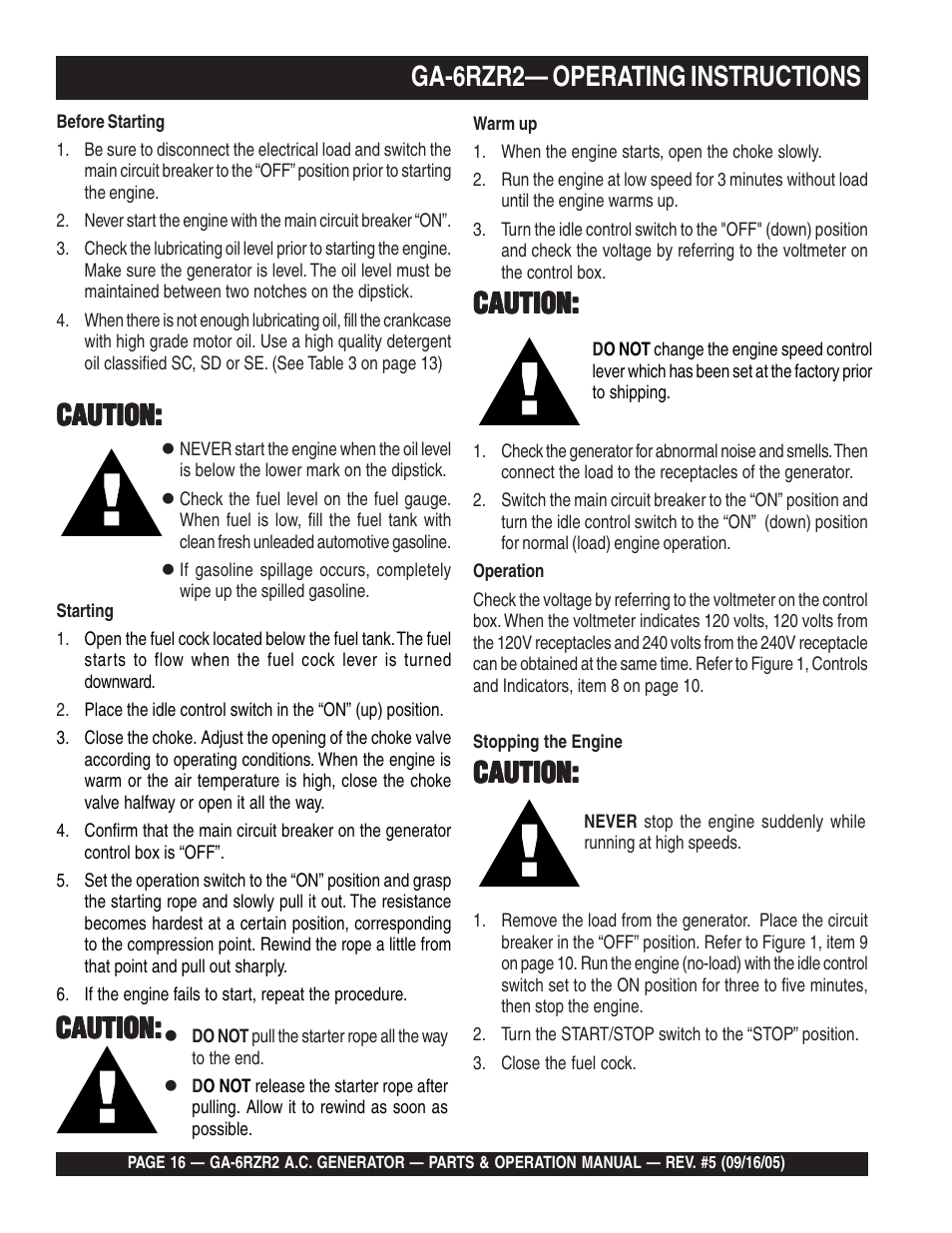 Ga-6rzr2— operating instructions, Caution | Multiquip GA-6RZR2 User Manual | Page 16 / 52