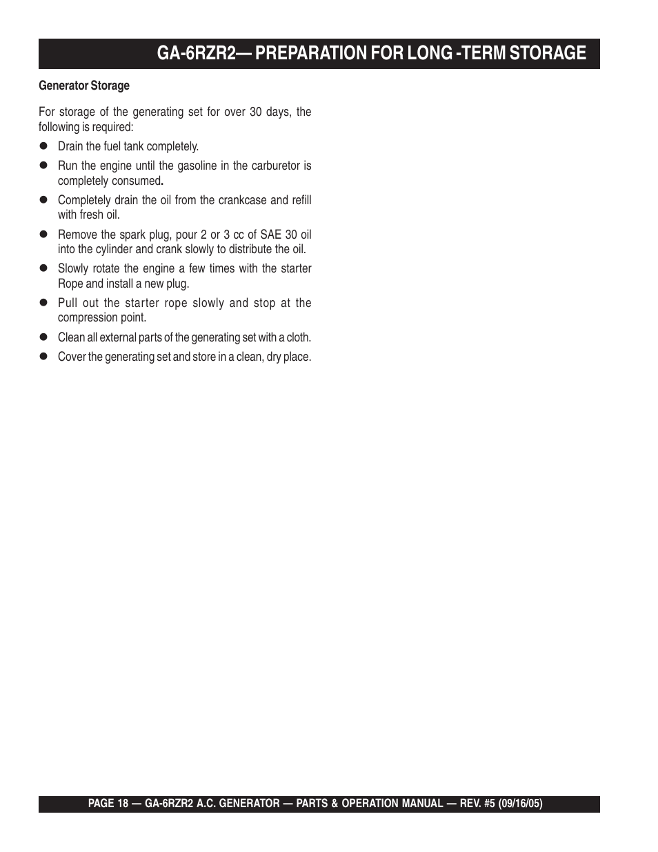 Ga-6rzr2— preparation for long -term storage | Multiquip GA-6RZR2 User Manual | Page 18 / 52