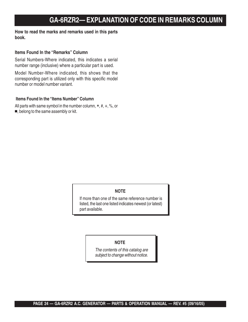 Ga-6rzr2— explanation of code in remarks column | Multiquip GA-6RZR2 User Manual | Page 24 / 52