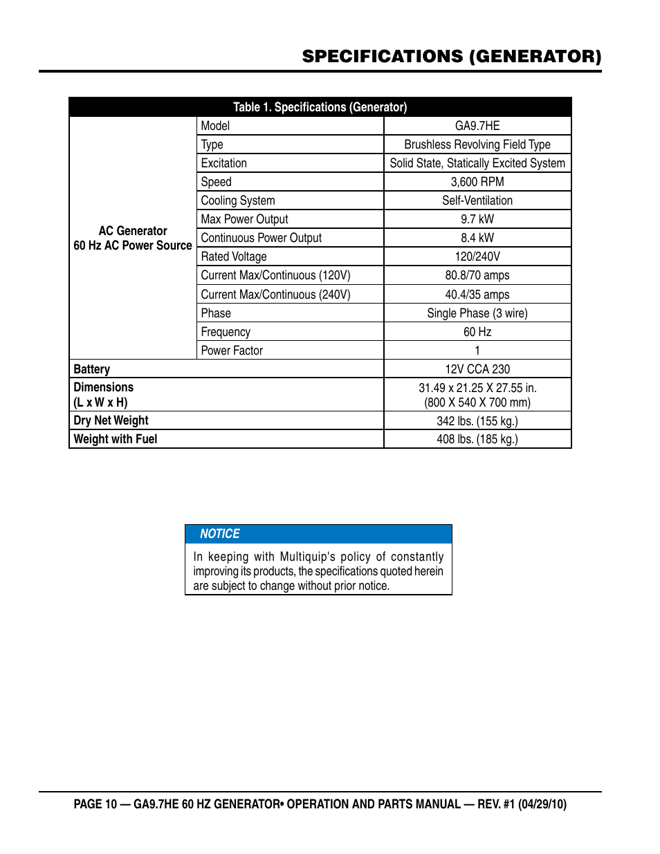 Specifications (generator) | Multiquip GA-9.7HE User Manual | Page 10 / 88
