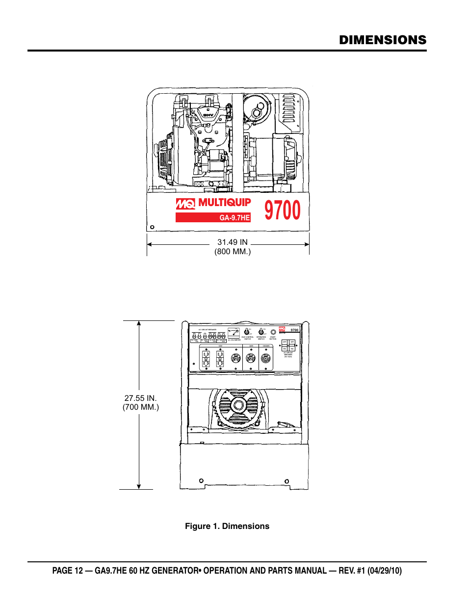 Dimensions, Figure 1. dimensions, Ga-9.7he | Multiquip GA-9.7HE User Manual | Page 12 / 88