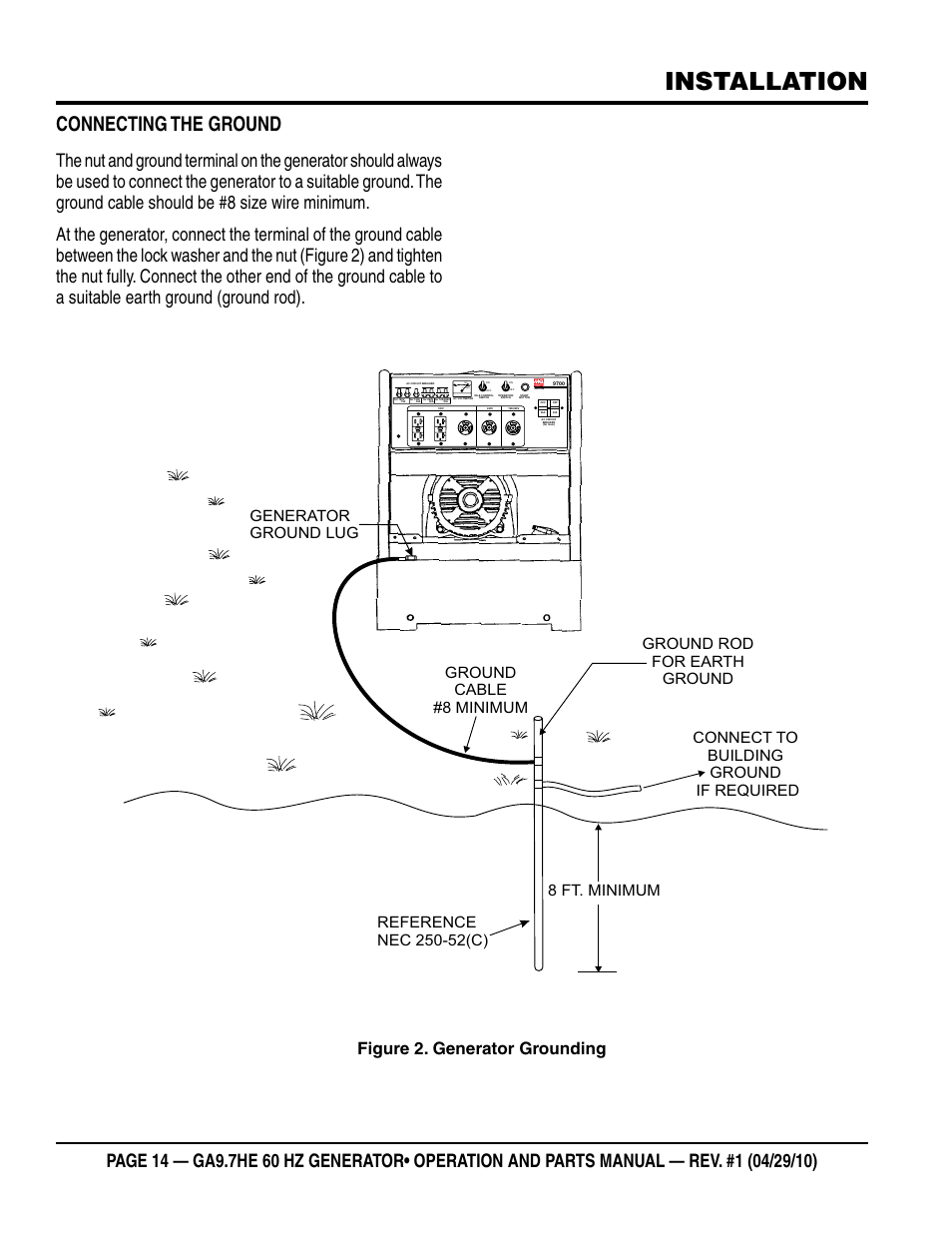 Installation, Connecting the ground, Figure 2. generator grounding | Multiquip GA-9.7HE User Manual | Page 14 / 88