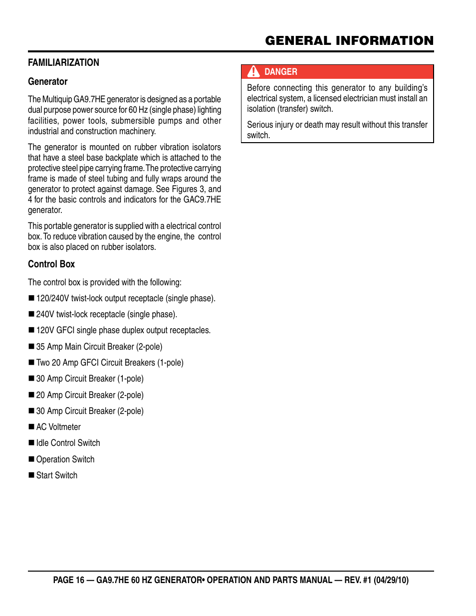General information | Multiquip GA-9.7HE User Manual | Page 16 / 88