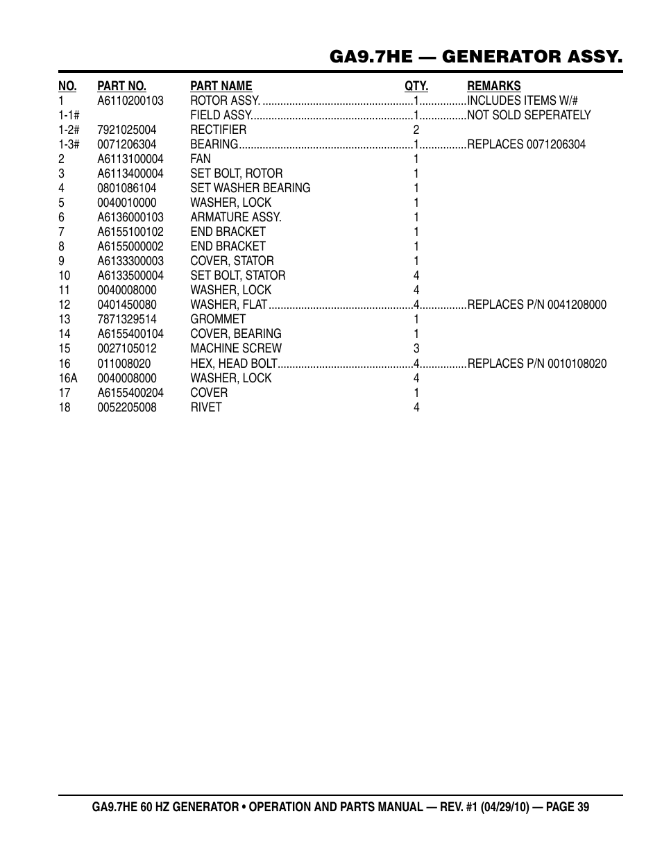 Ga9.7he — generator assy | Multiquip GA-9.7HE User Manual | Page 39 / 88