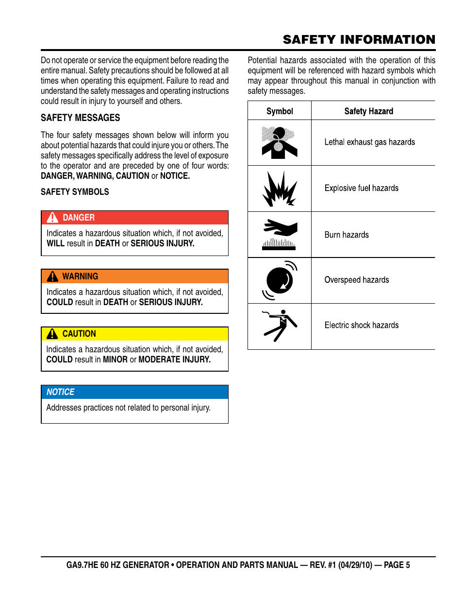 Safety information | Multiquip GA-9.7HE User Manual | Page 5 / 88