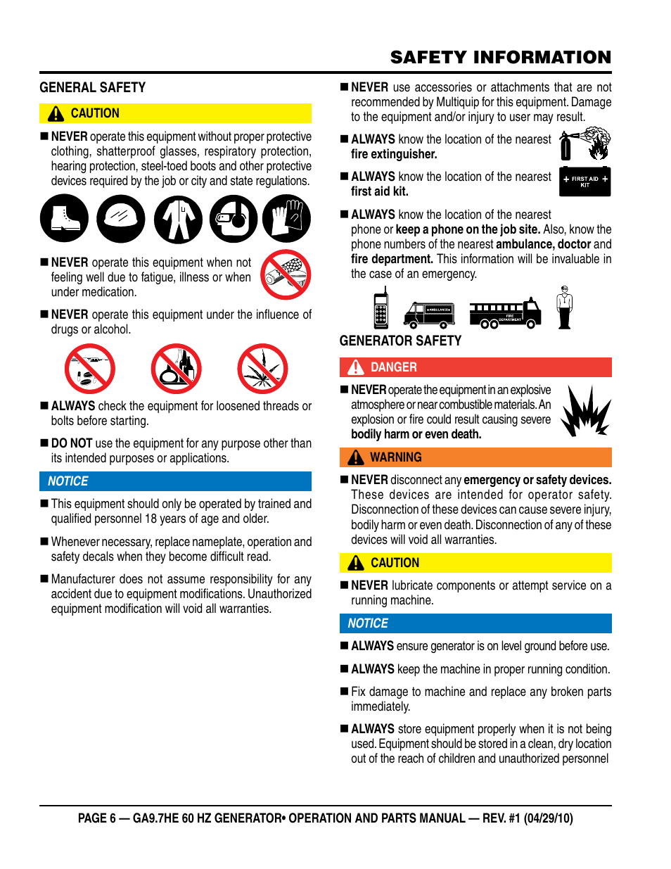 Safety information | Multiquip GA-9.7HE User Manual | Page 6 / 88
